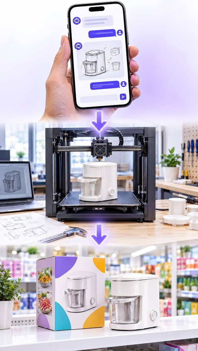 De una idea en un chat de IA, a un prototipo impreso en 3D, a un producto en su caja en un estante de tienda