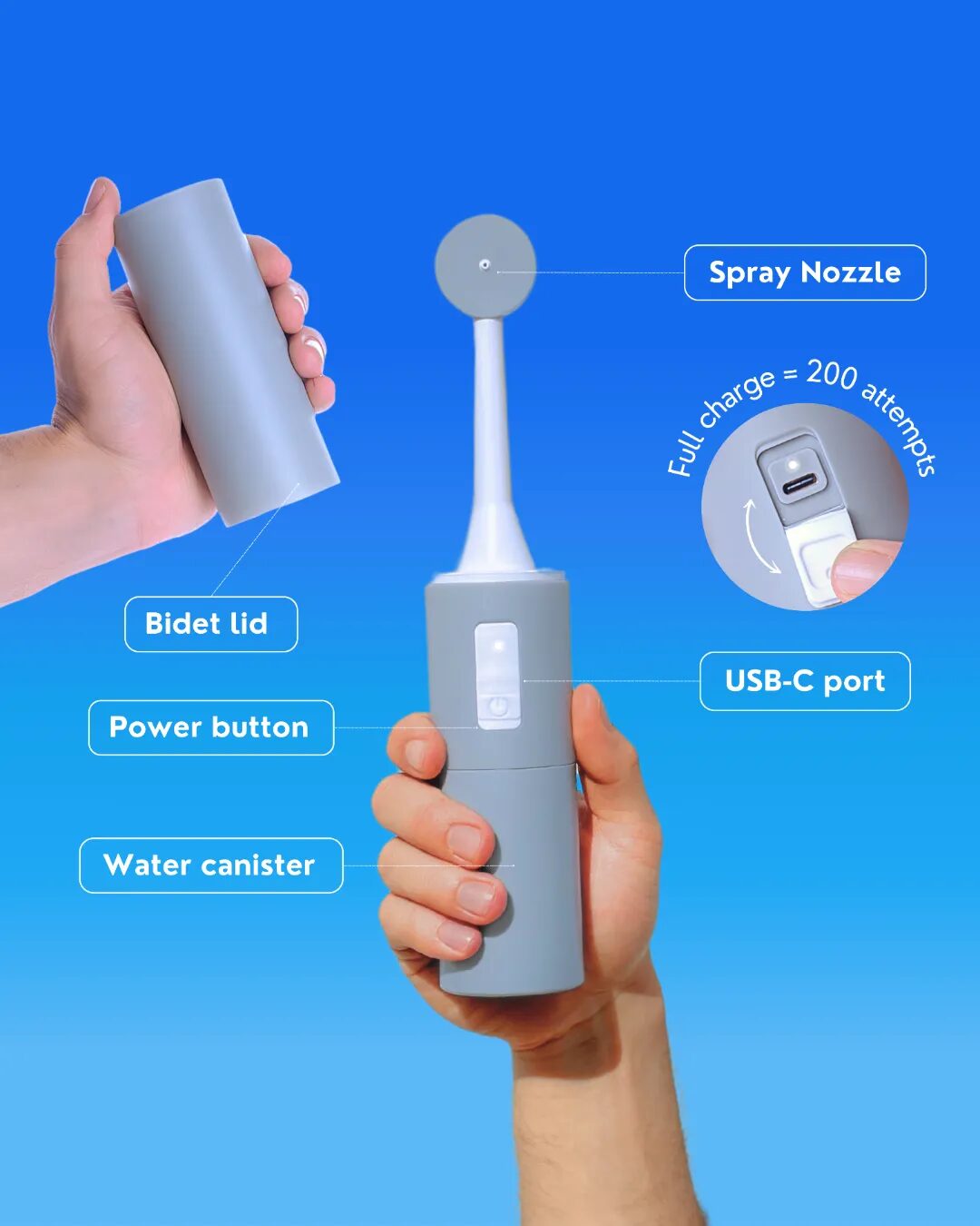 Parts of the BumBum portable bidet: spray nozzle, bidet lid, power button, USB-C port and water canister