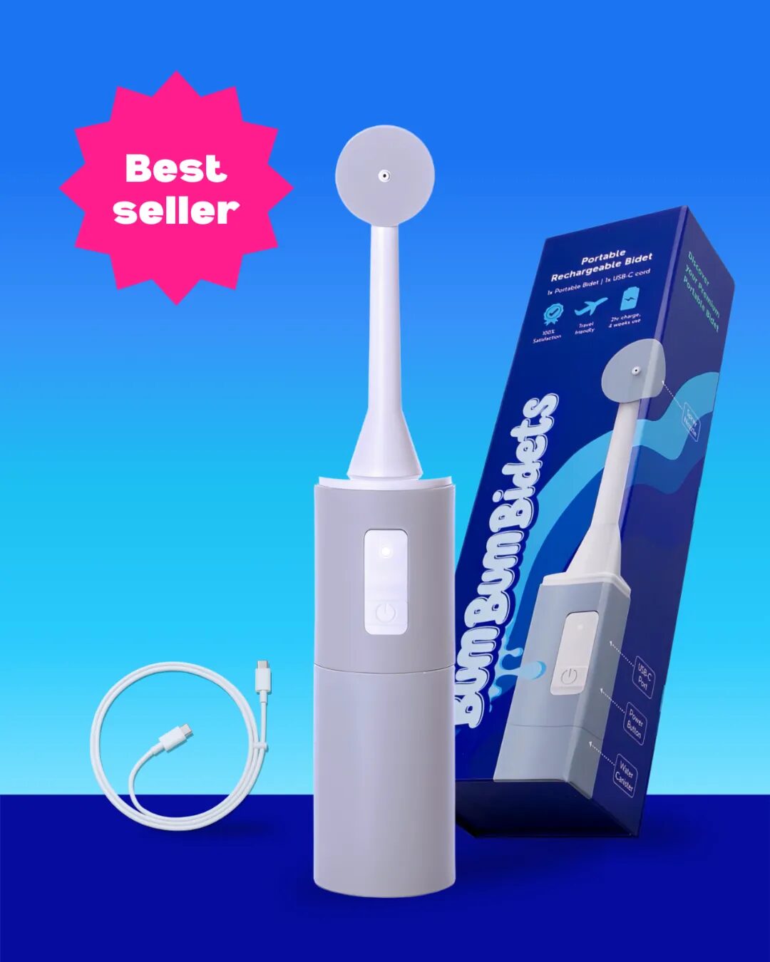 BumBum portable bidet with its retail box and USB-C charging cable