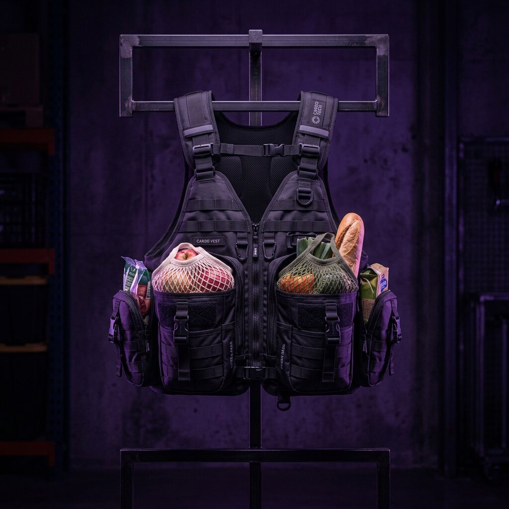 Grocery Vest with hooks for carrying grocery bags