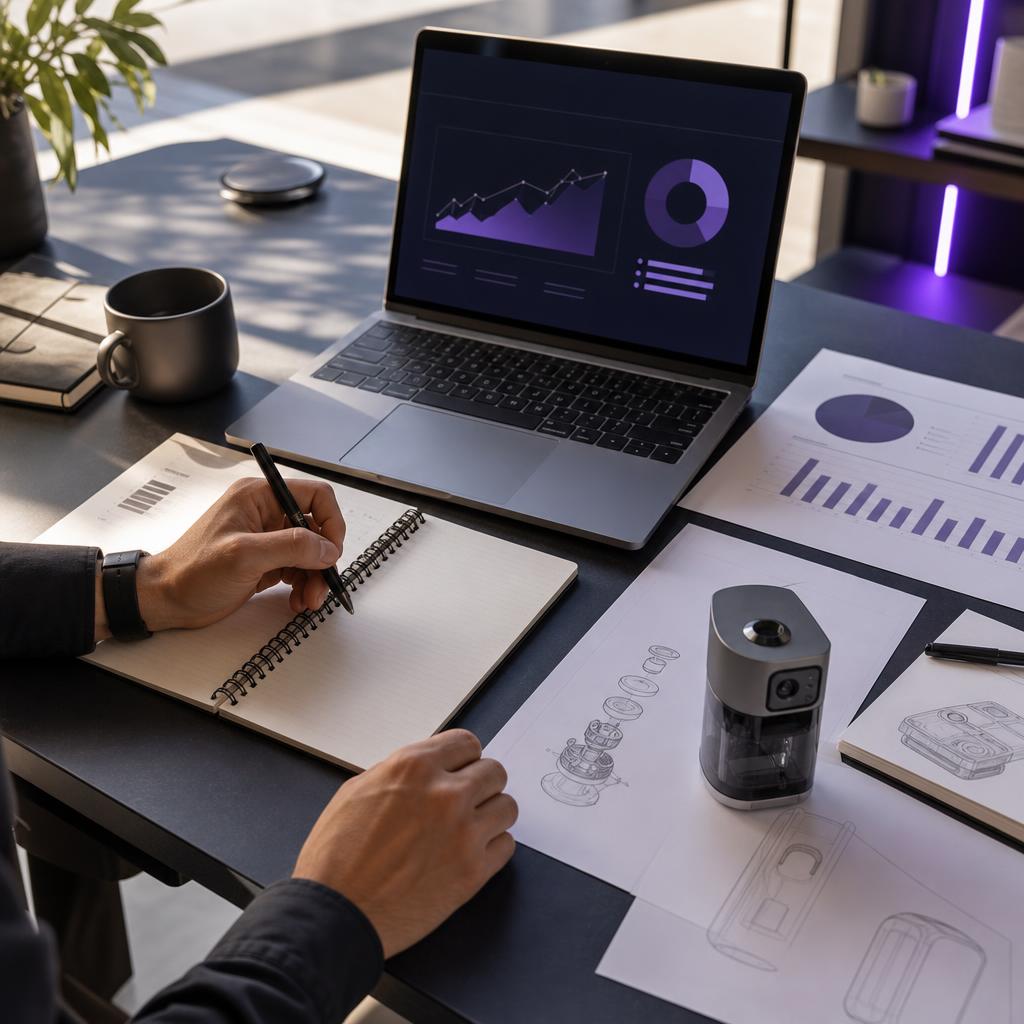 An inventor prepares pitch materials and financial charts beside a laptop and a physical product prototype.