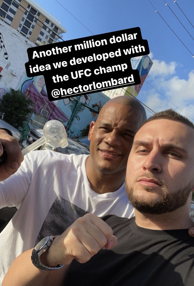 Two collaborators showcasing an invention developed with a UFC champion