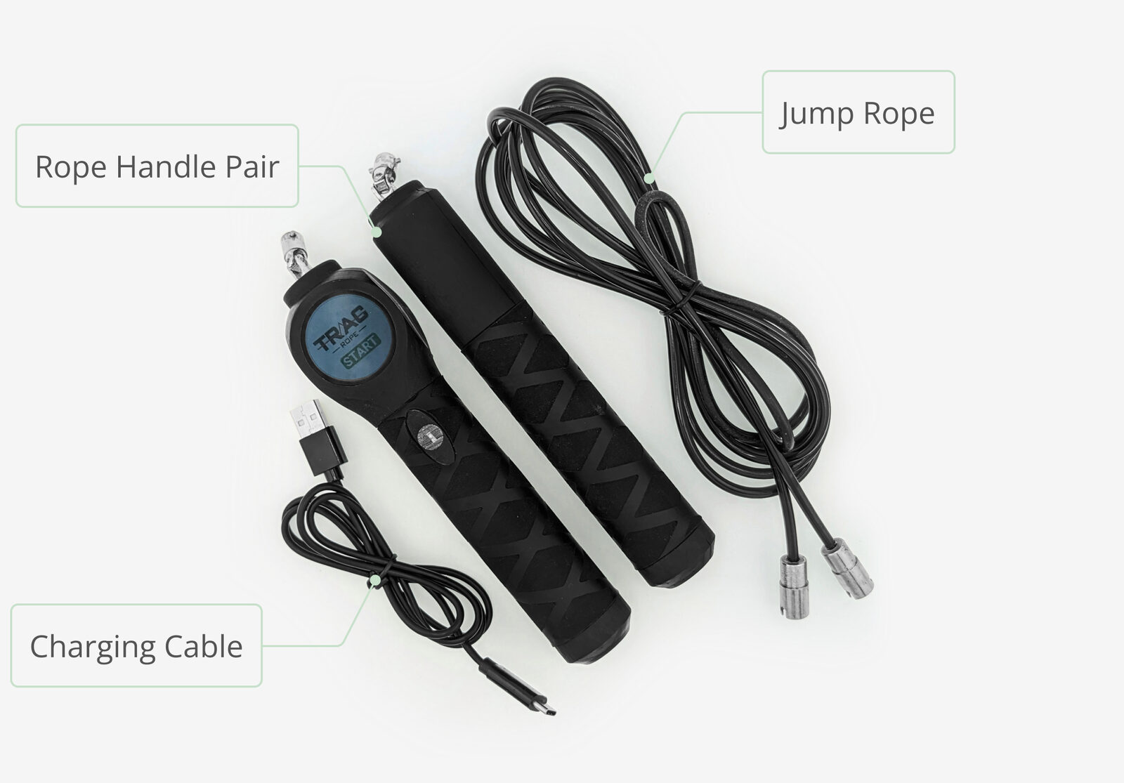 Trac Rope box contents: handle pair, jump rope and charging cable